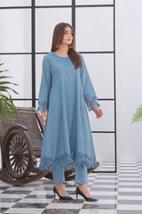 2-Piece Paneled Frock with Cutwork Embroidery in Light Khaddar