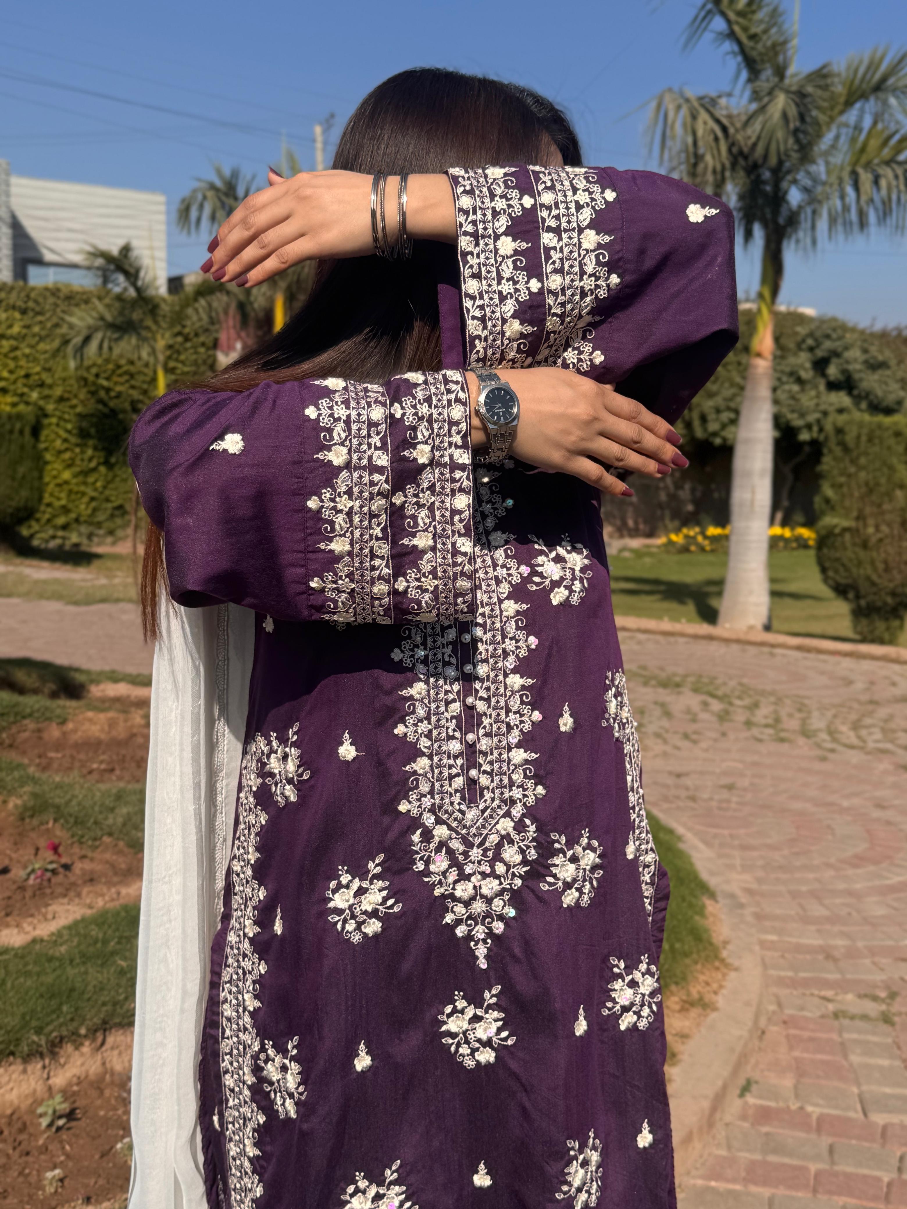 Elegant Cotton Silk 3pc Outfit with Embroidery, Pearls & Stone Work
