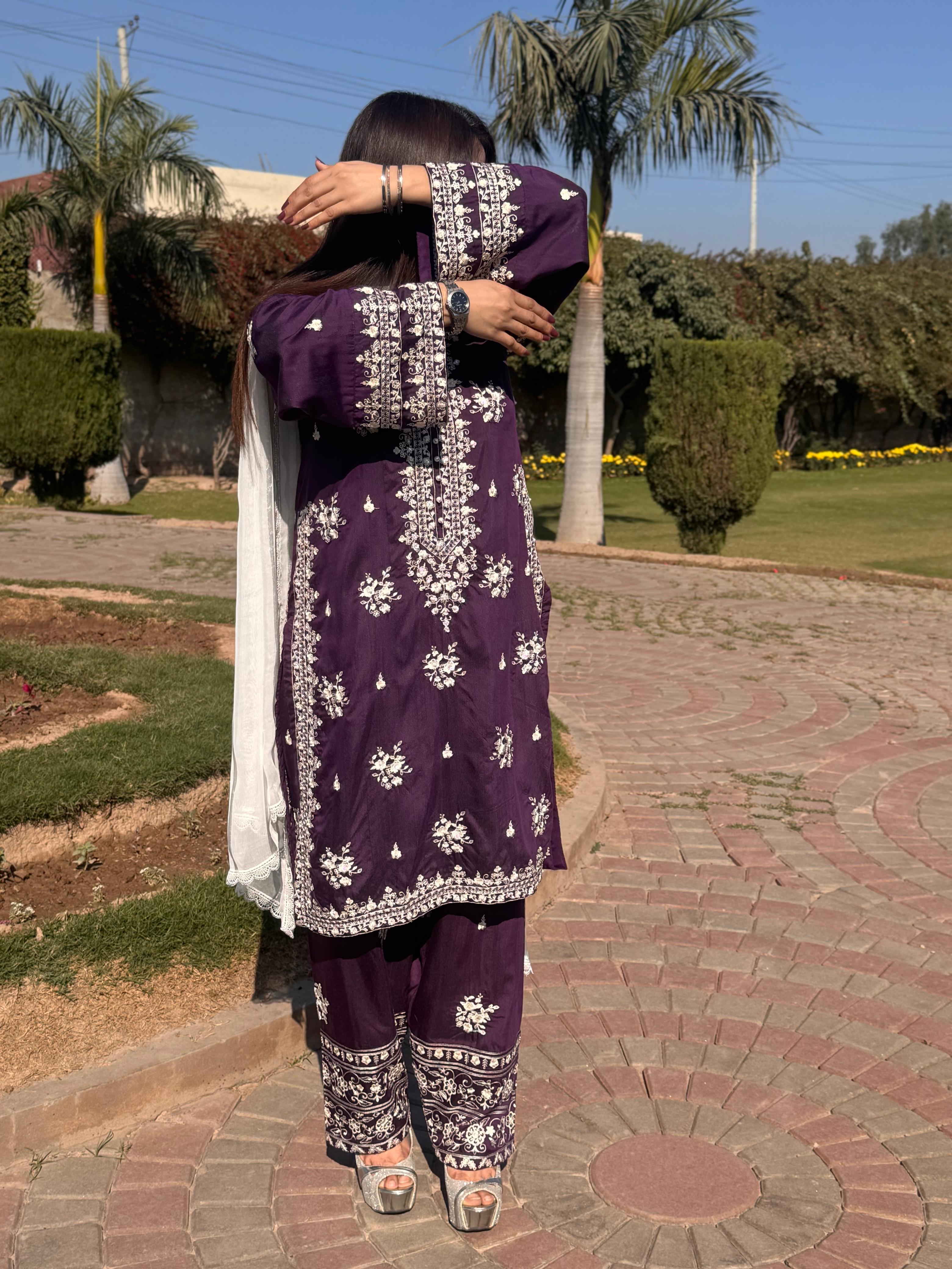 Elegant Cotton Silk 3pc Outfit with Embroidery, Pearls & Stone Work
