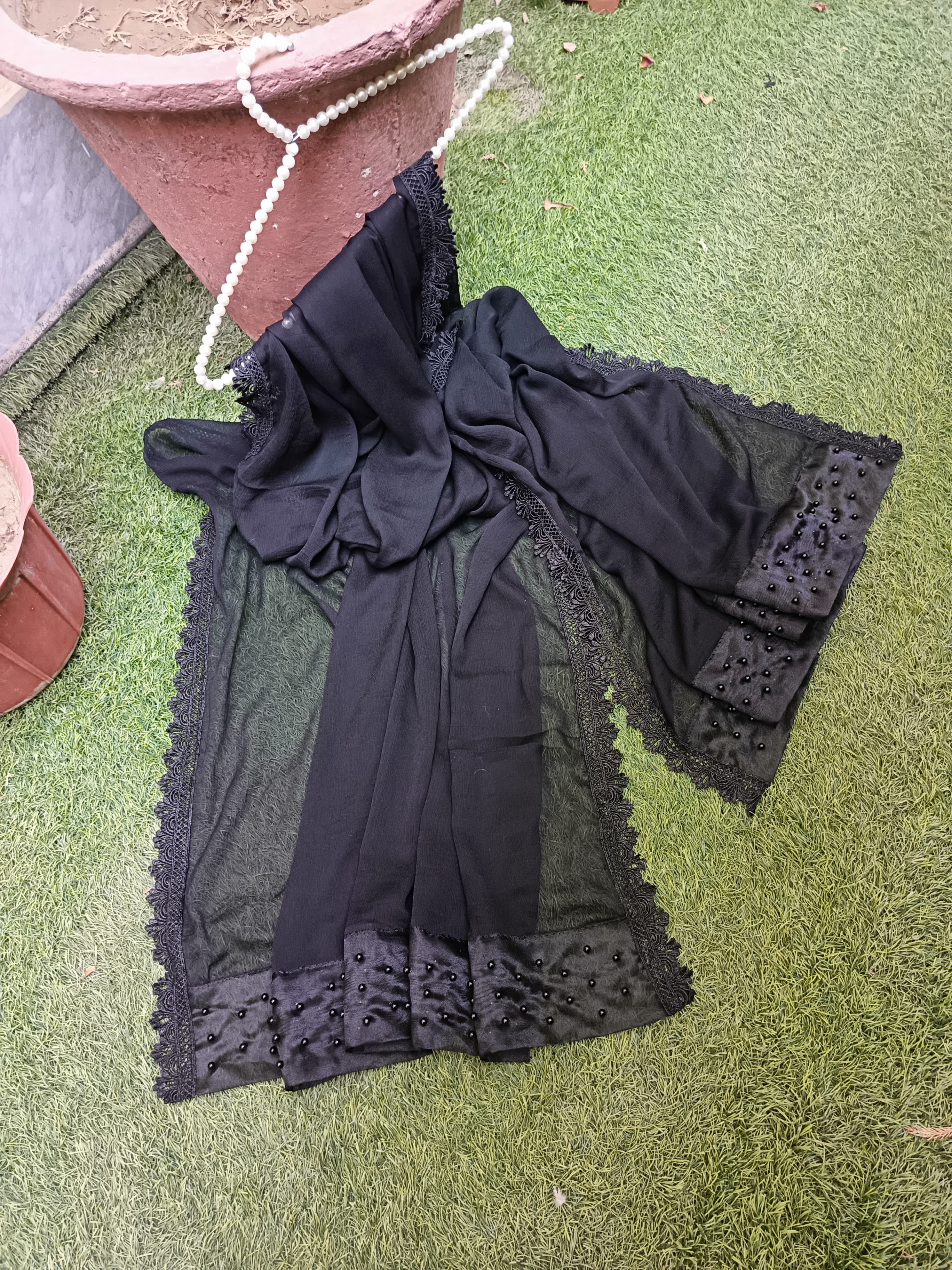 Black Premium Chiffon Dupatta with Pearl Embroidered Lace