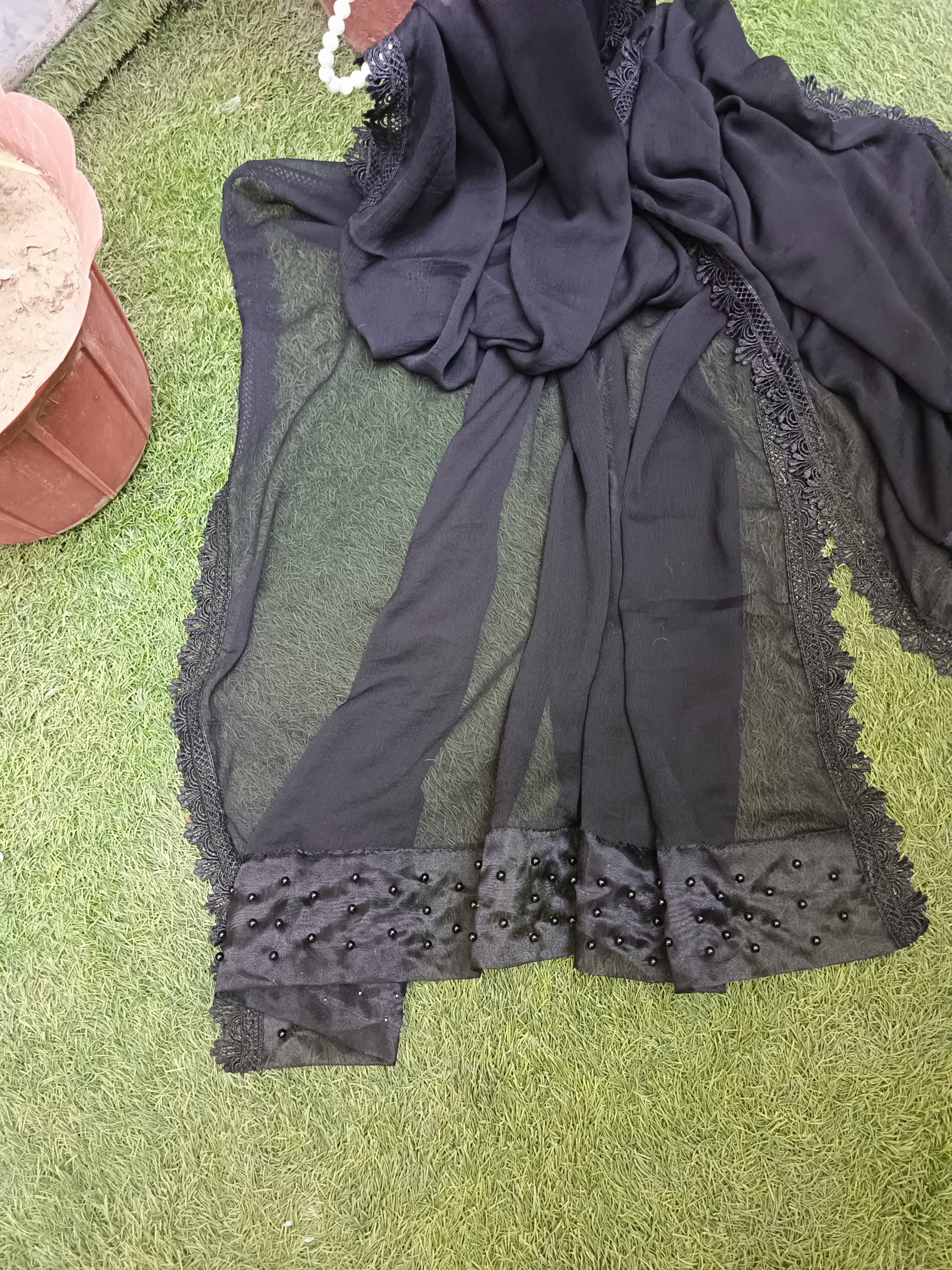 Black Premium Chiffon Dupatta with Pearl Embroidered Lace