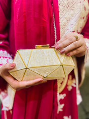 Gulnaar 012 Marble-Finish Gold Grid Clutch with Crystal Clasp