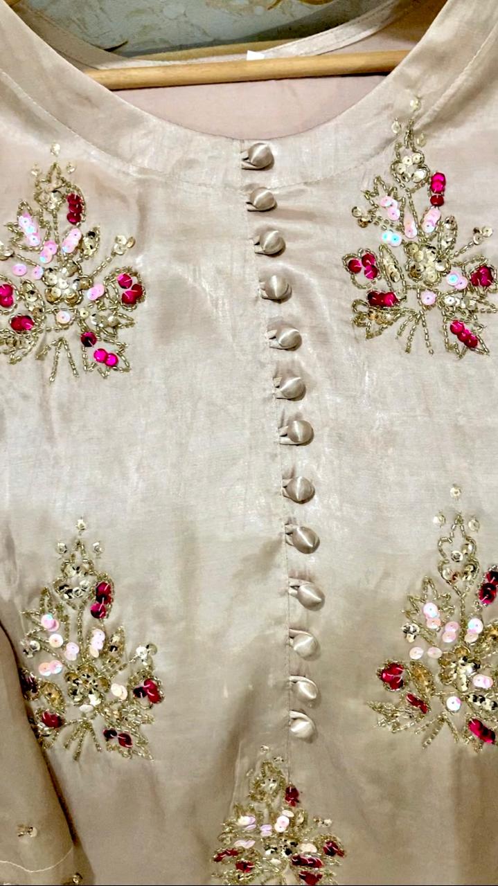 Hand-Embellished Pure Silk 3-Piece Set with Organza Dupatta