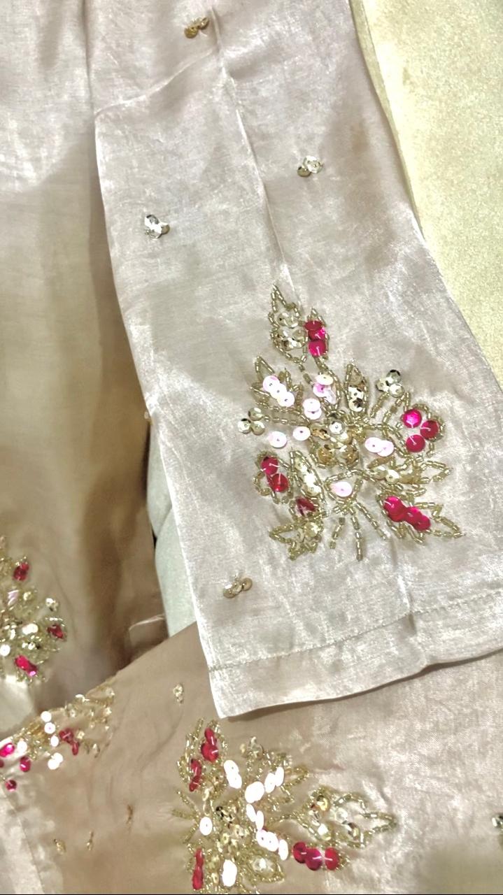 Hand-Embellished Pure Silk 3-Piece Set with Organza Dupatta