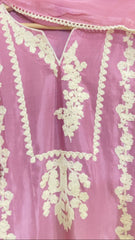 Rosy Silk 3-Piece – Embroidered Shirt with Chiffon Dupatta & Trousers