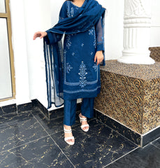 Exquisite 3pc Embroidered Pure Cotton Net Outfit with Khaddi Net Dupatta