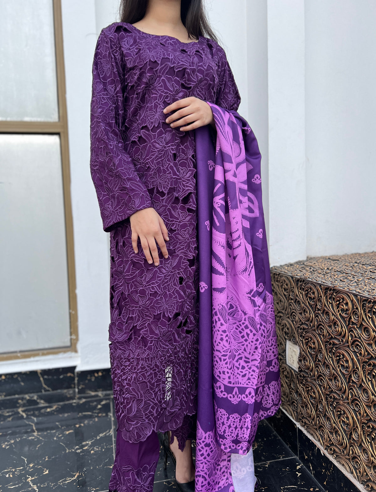 Elegant 3pc Premium Linen Outfit with Laser Cutwork Embroidery
