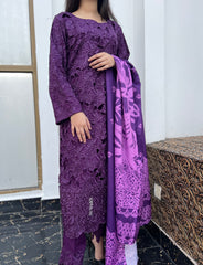 Elegant 3pc Premium Linen Outfit with Laser Cutwork Embroidery