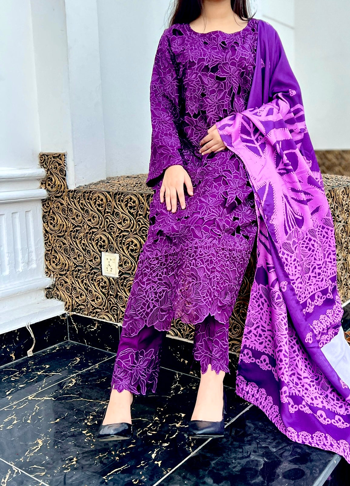 Elegant 3pc Premium Linen Outfit with Laser Cutwork Embroidery