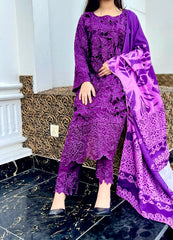 Elegant 3pc Premium Linen Outfit with Laser Cutwork Embroidery