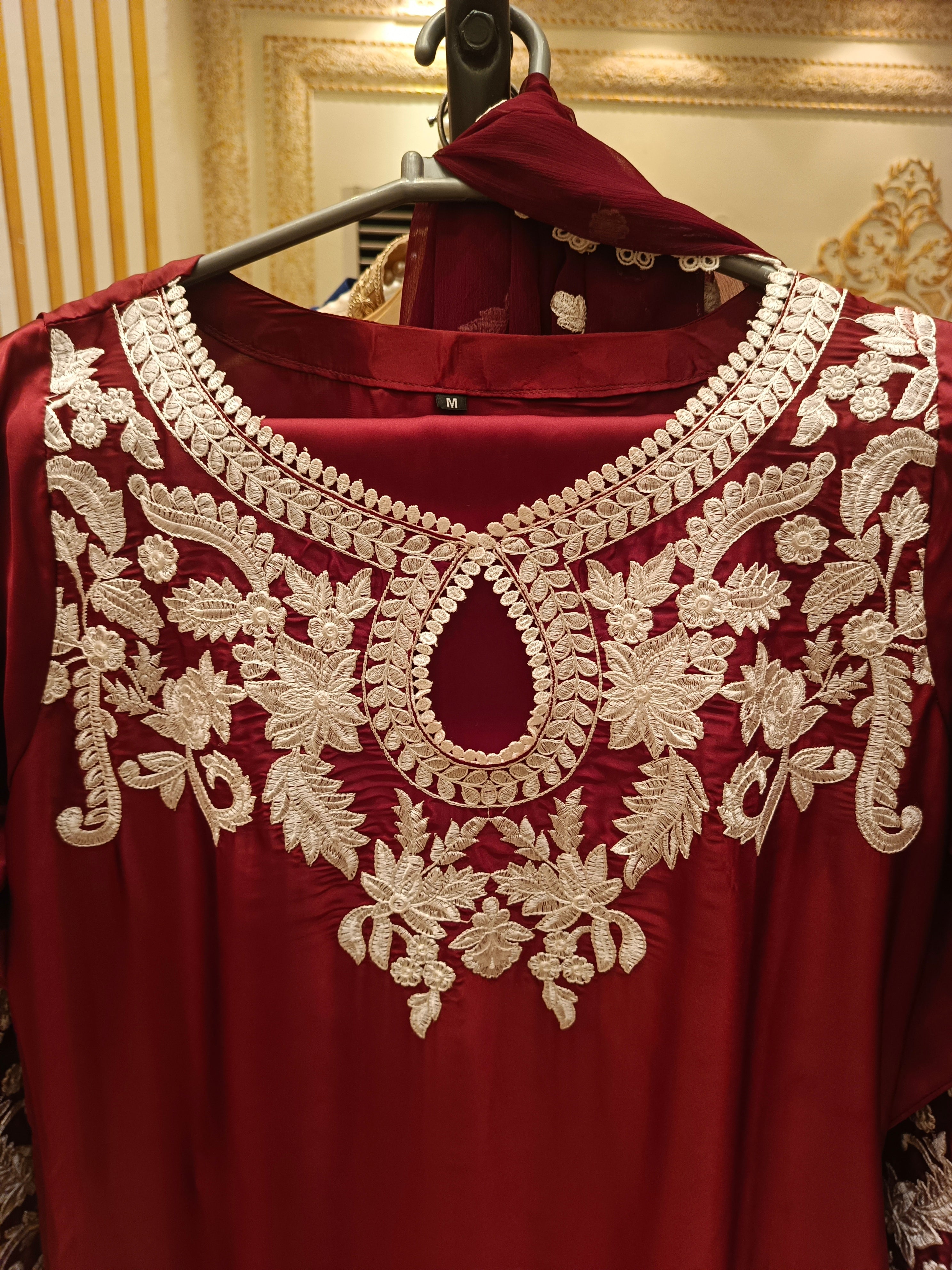 Luxurious 3pc Silk Outfit with Thread Embroidery and Lace Detailing