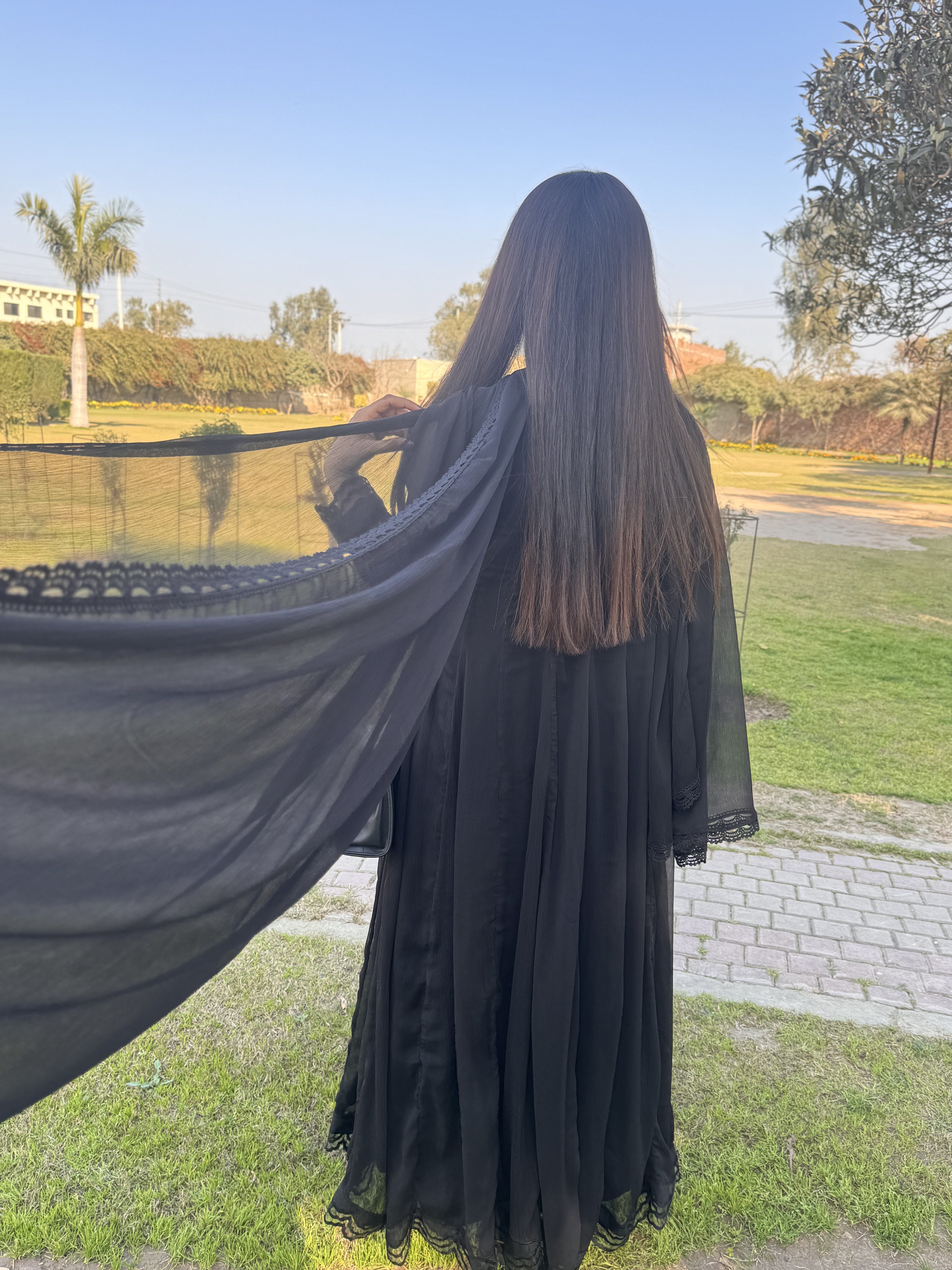 🖤 Black Chiffon Floor-Length Frock with Embroidered Lace – Perfect for Eid & Festive Wear
