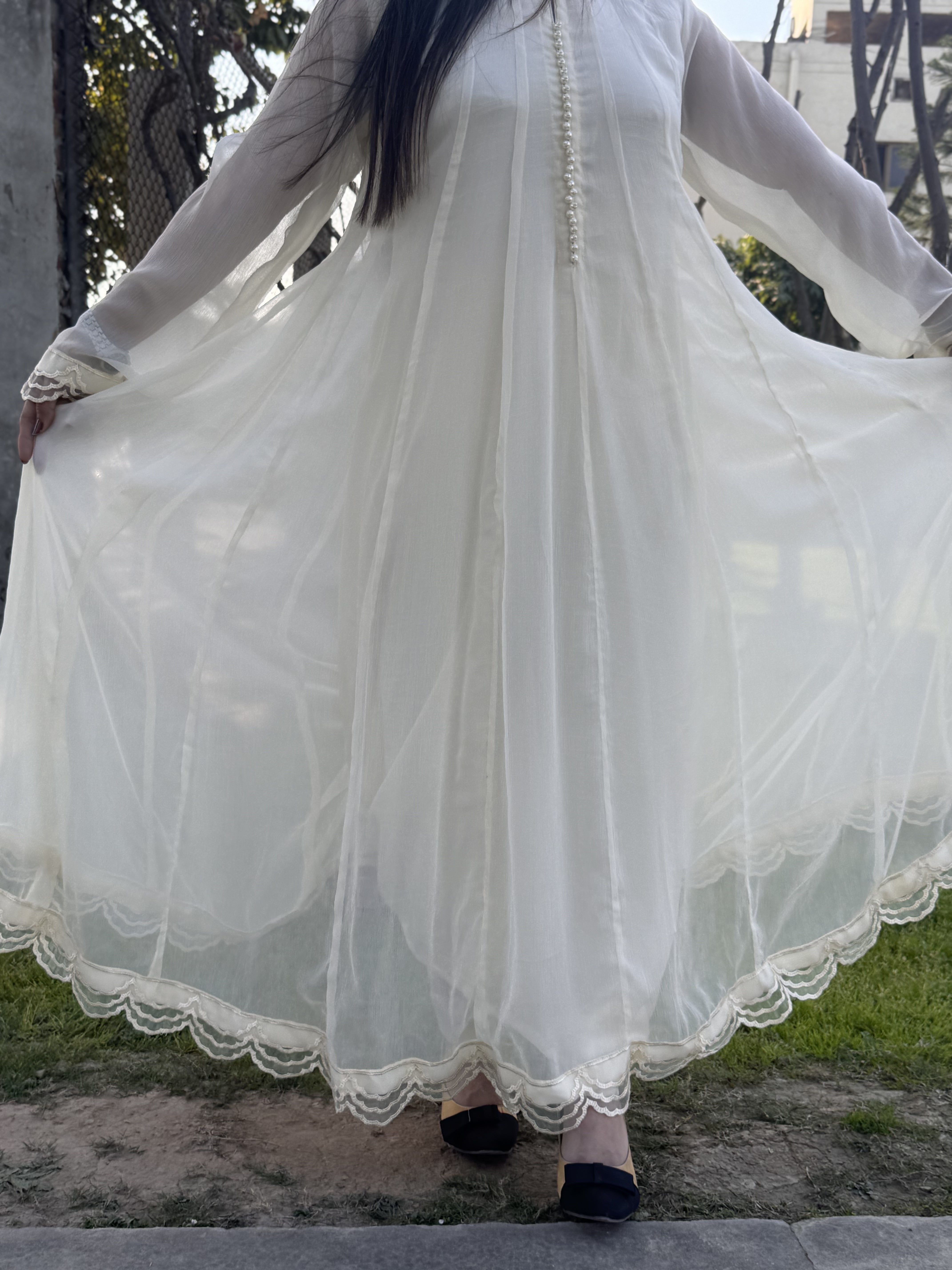🤍 Off-White/Milky White Chiffon Floor-Length Frock – Pure Elegance for Eid & Celebrations