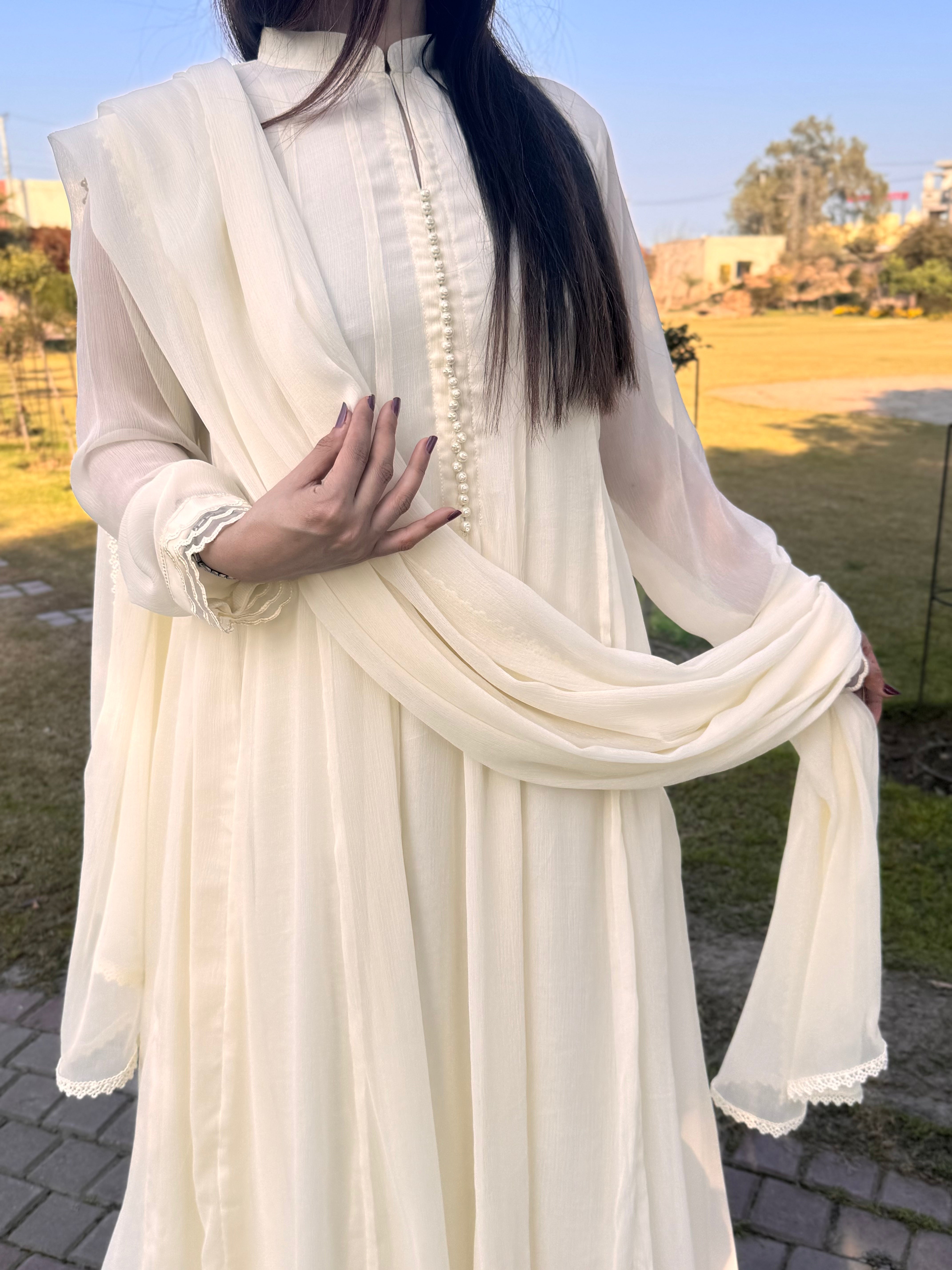🤍 Off-White/Milky White Chiffon Floor-Length Frock – Pure Elegance for Eid & Celebrations