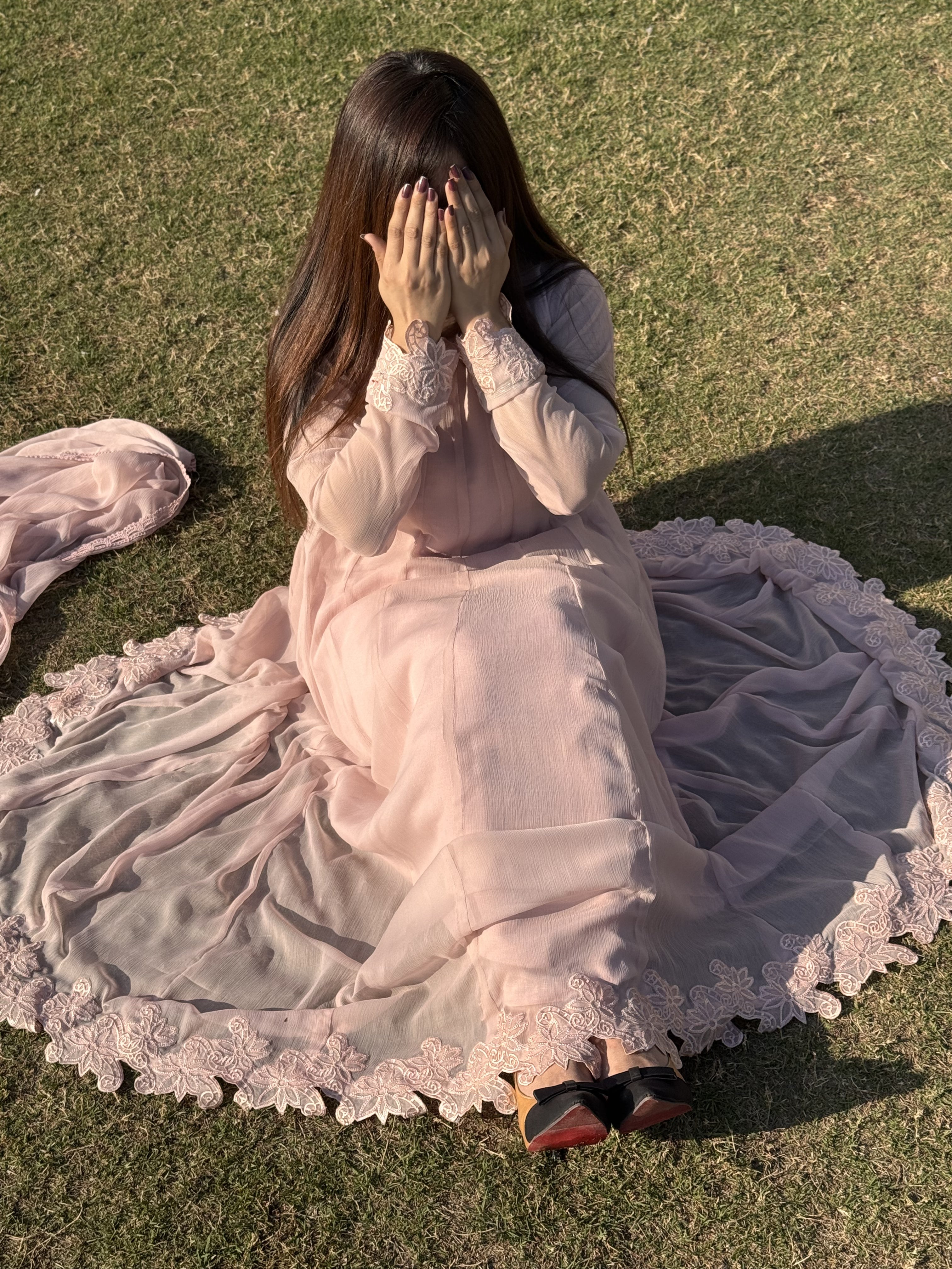 🌸 Tea Pink Chiffon Frock with Embroidered Lace & Raw Silk Pants – Soft & Graceful Look