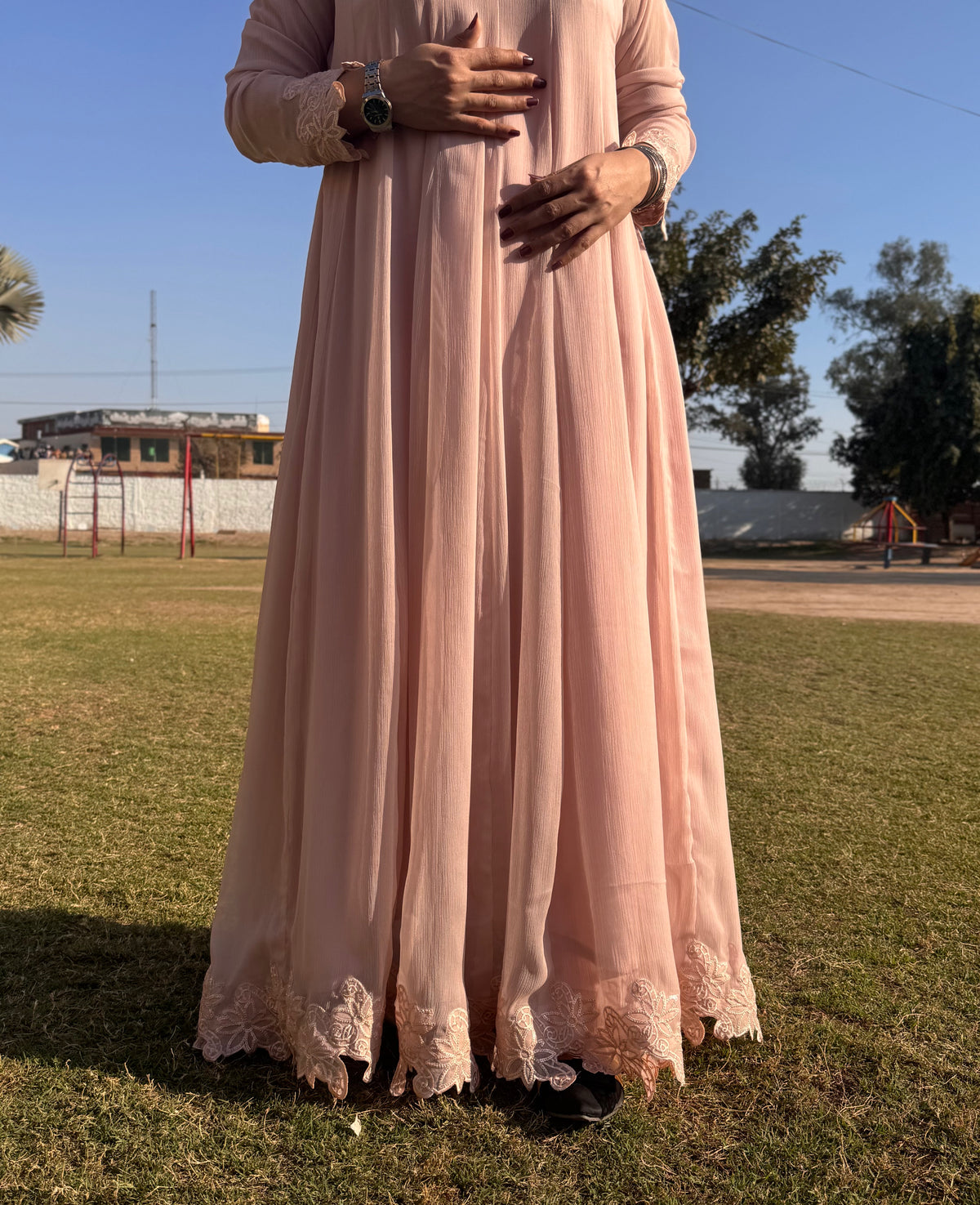 🌸 Tea Pink Chiffon Frock with Embroidered Lace & Raw Silk Pants – Soft & Graceful Look