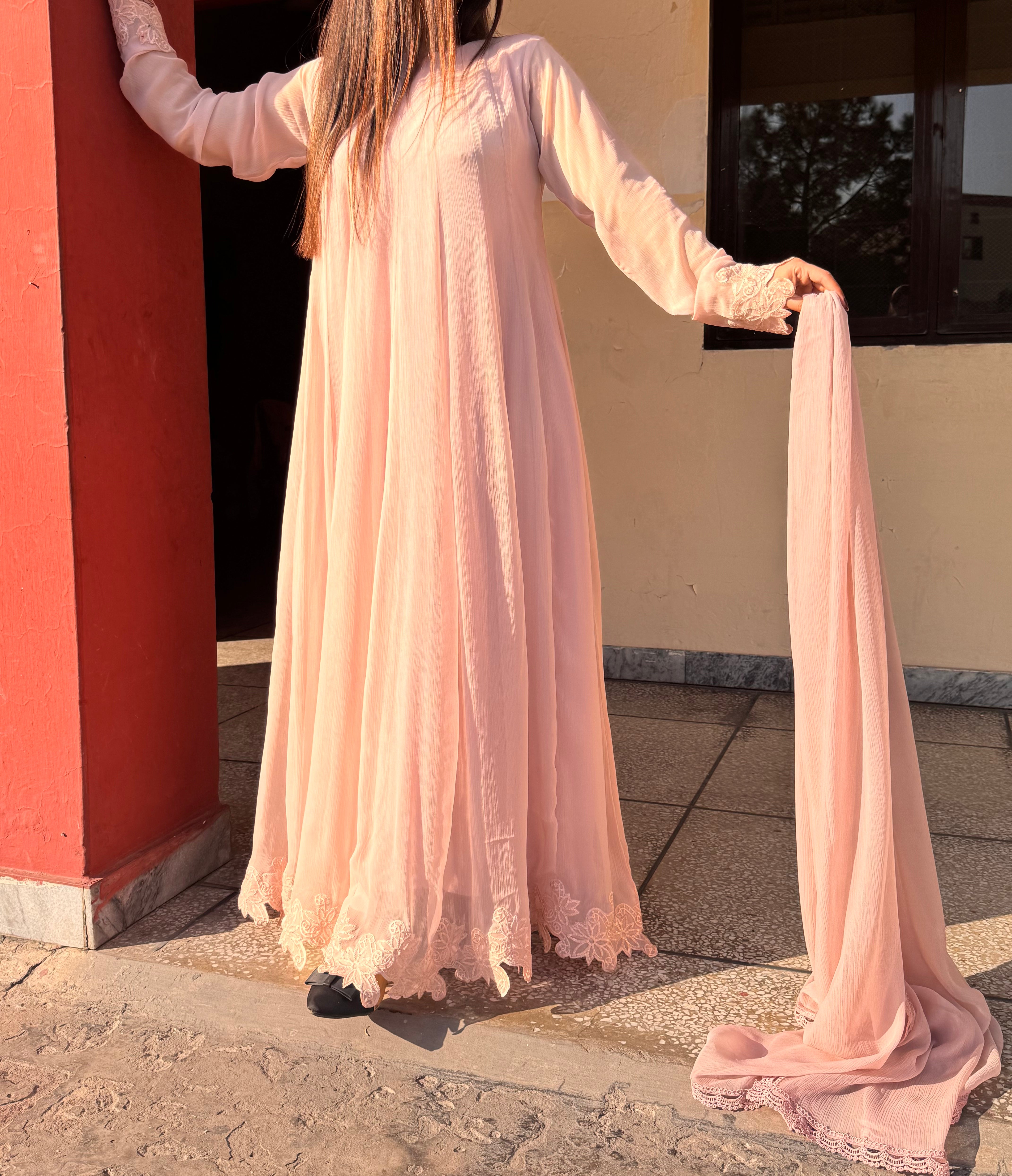 🌸 Tea Pink Chiffon Frock with Embroidered Lace & Raw Silk Pants – Soft & Graceful Look