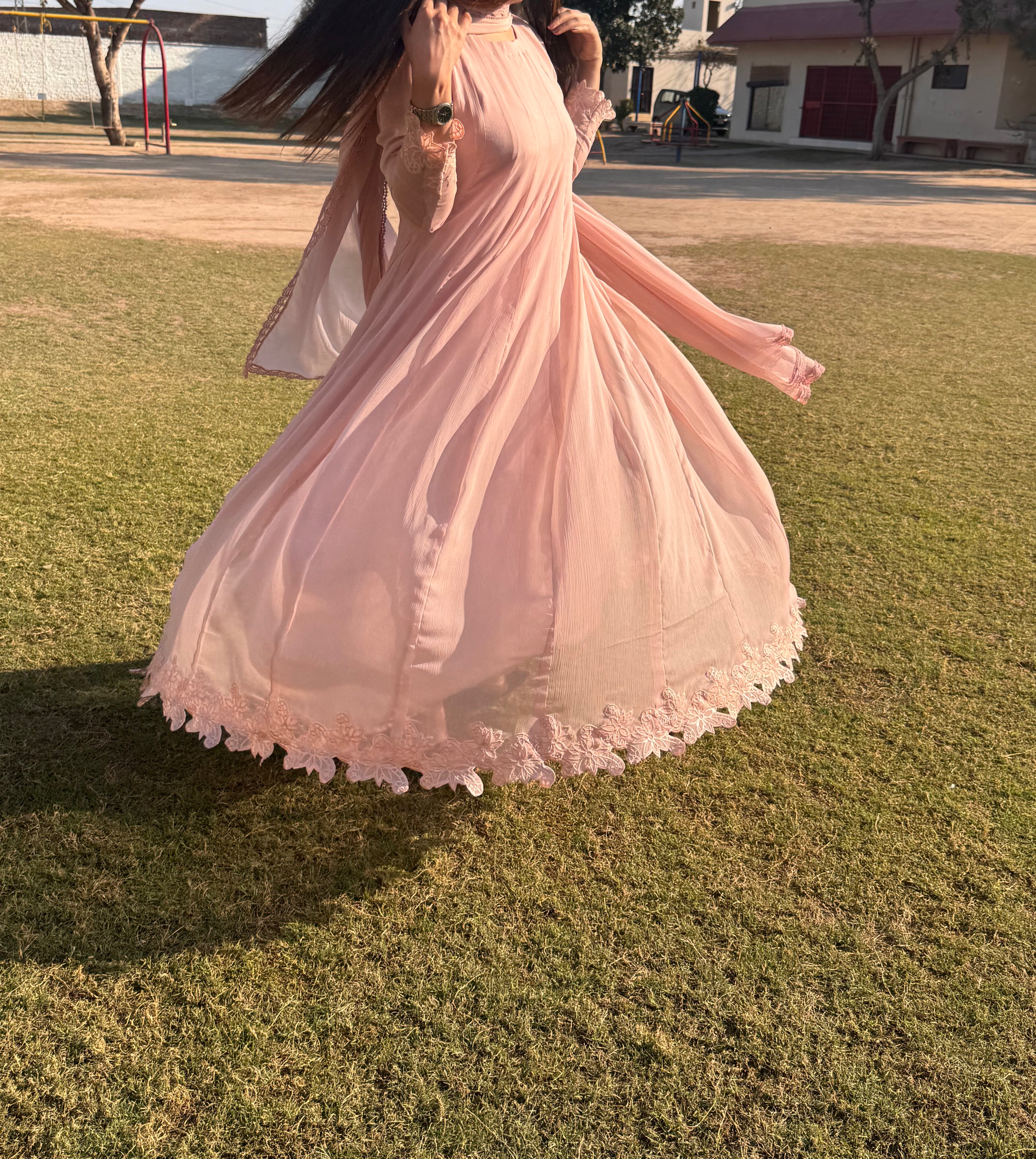 🌸 Tea Pink Chiffon Frock with Embroidered Lace & Raw Silk Pants – Soft & Graceful Look