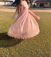 🌸 Tea Pink Chiffon Frock with Embroidered Lace & Raw Silk Pants – Soft & Graceful Look