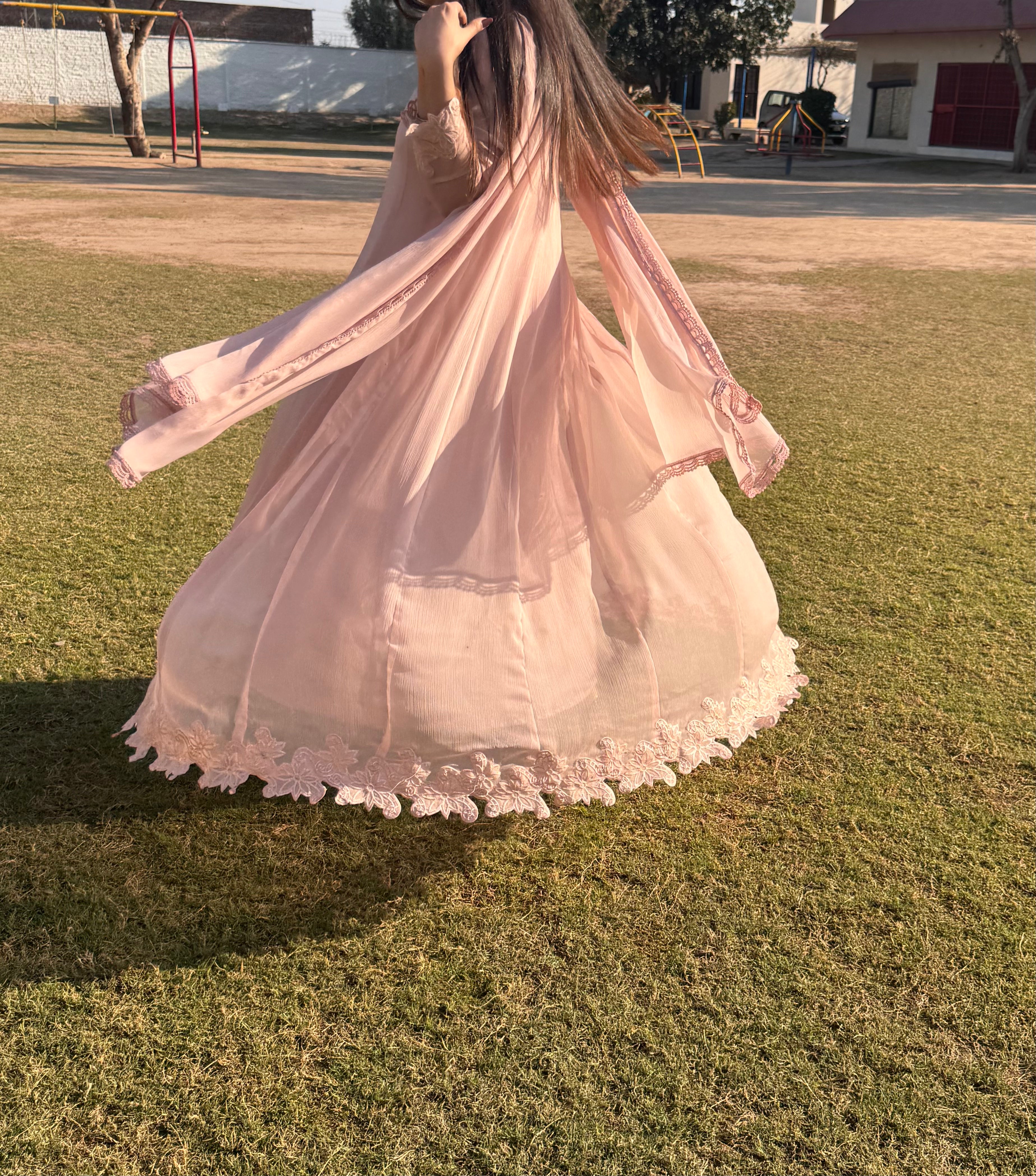 🌸 Tea Pink Chiffon Frock with Embroidered Lace & Raw Silk Pants – Soft & Graceful Look