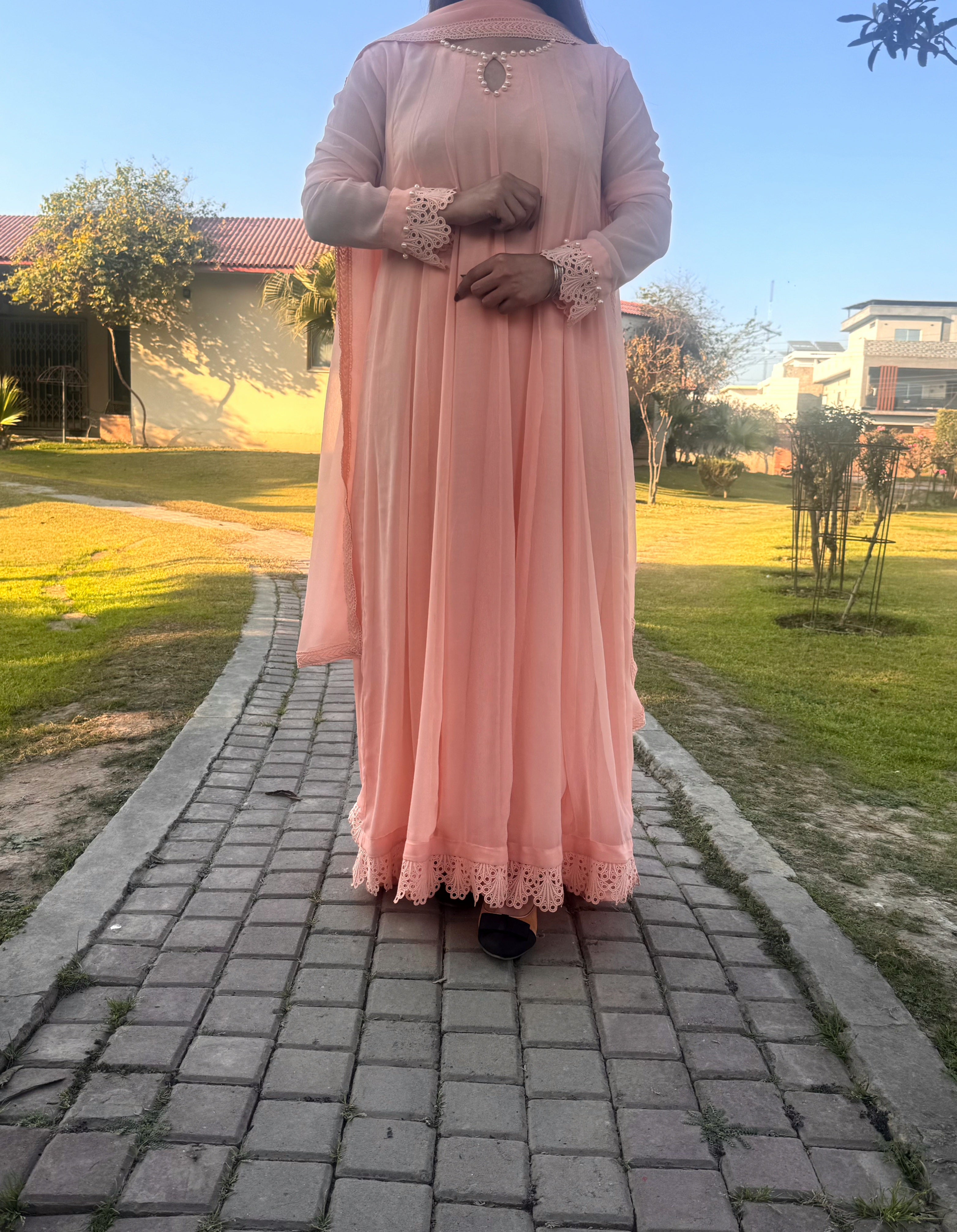 Peach Chiffon Frock with Embroidered Lace – Subtle & Sophisticated for Festive Wear