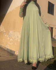 💚 Pistachio Chiffon Frock with Embroidered Lace – Soft & Subtle Festive Wear