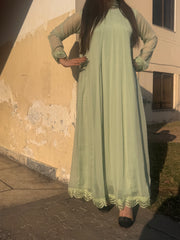 💚 Pistachio Chiffon Frock with Embroidered Lace – Soft & Subtle Festive Wear