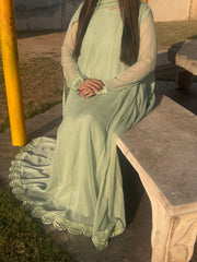 💚 Pistachio Chiffon Frock with Embroidered Lace – Soft & Subtle Festive Wear