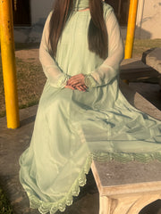 💚 Pistachio Chiffon Frock with Embroidered Lace – Soft & Subtle Festive Wear