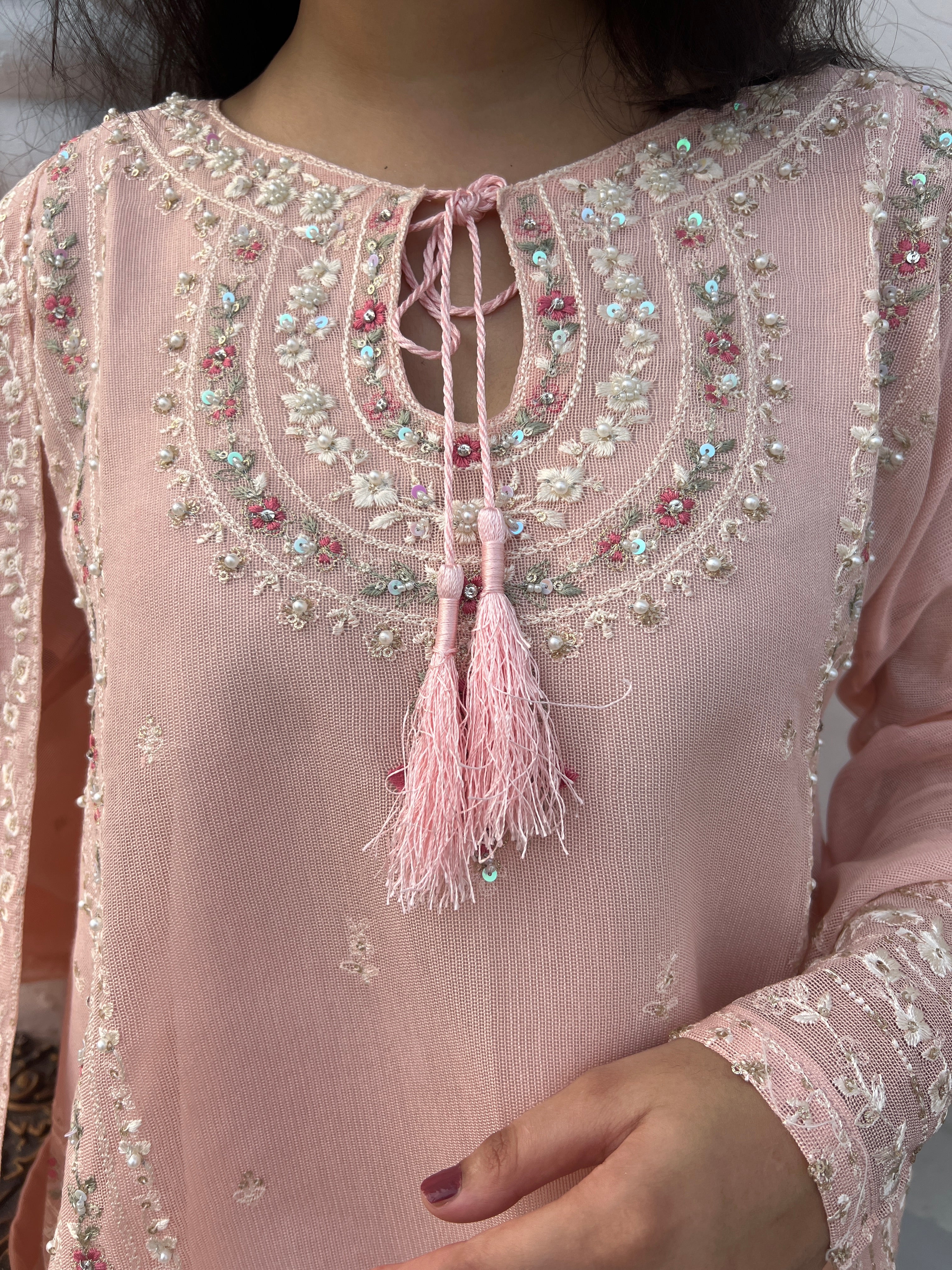 Graceful 3pc Pink Embroidered Pure Cotton Net Outfit with Khaddi Net Dupatta