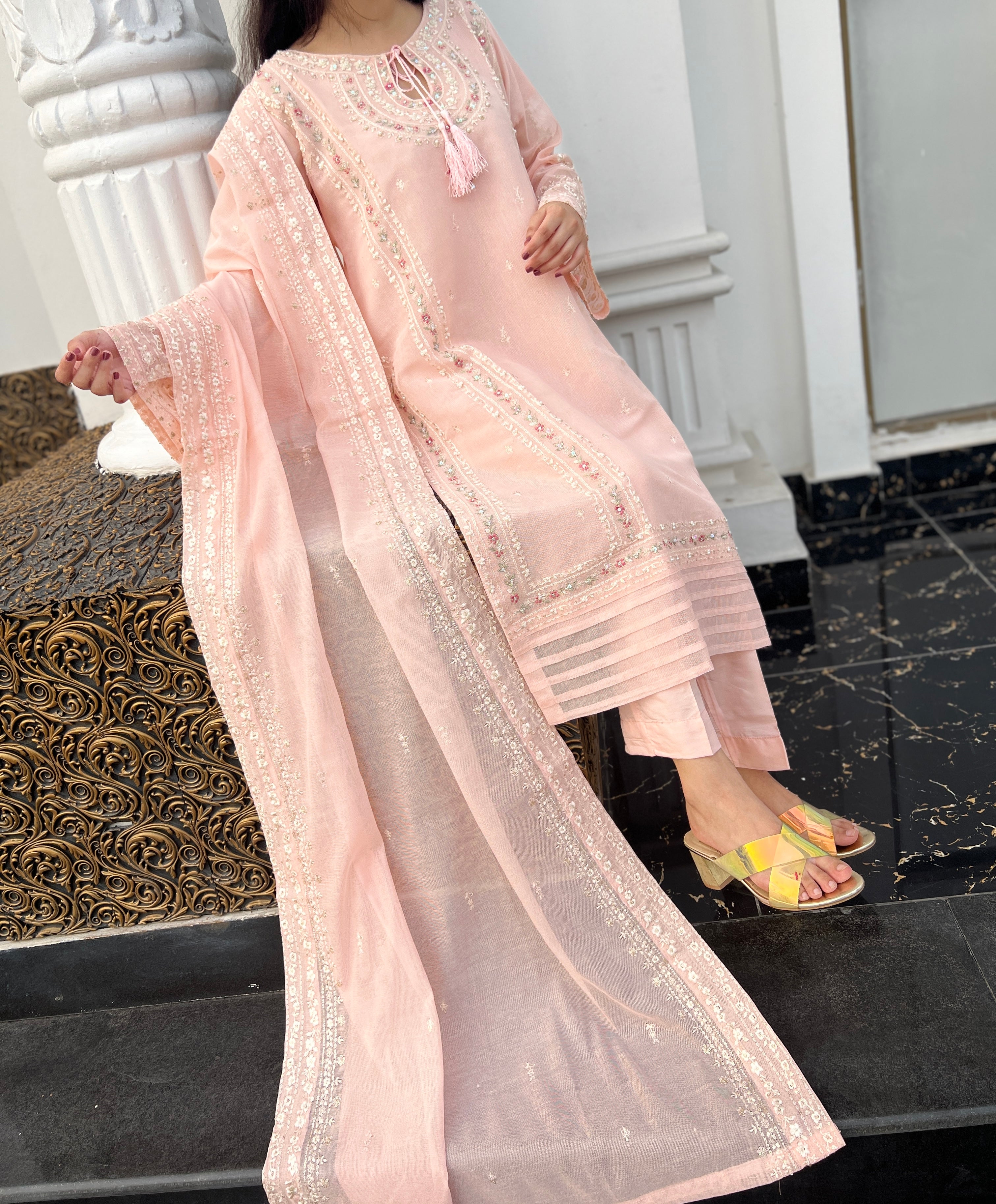 Graceful 3pc Pink Embroidered Pure Cotton Net Outfit with Khaddi Net Dupatta