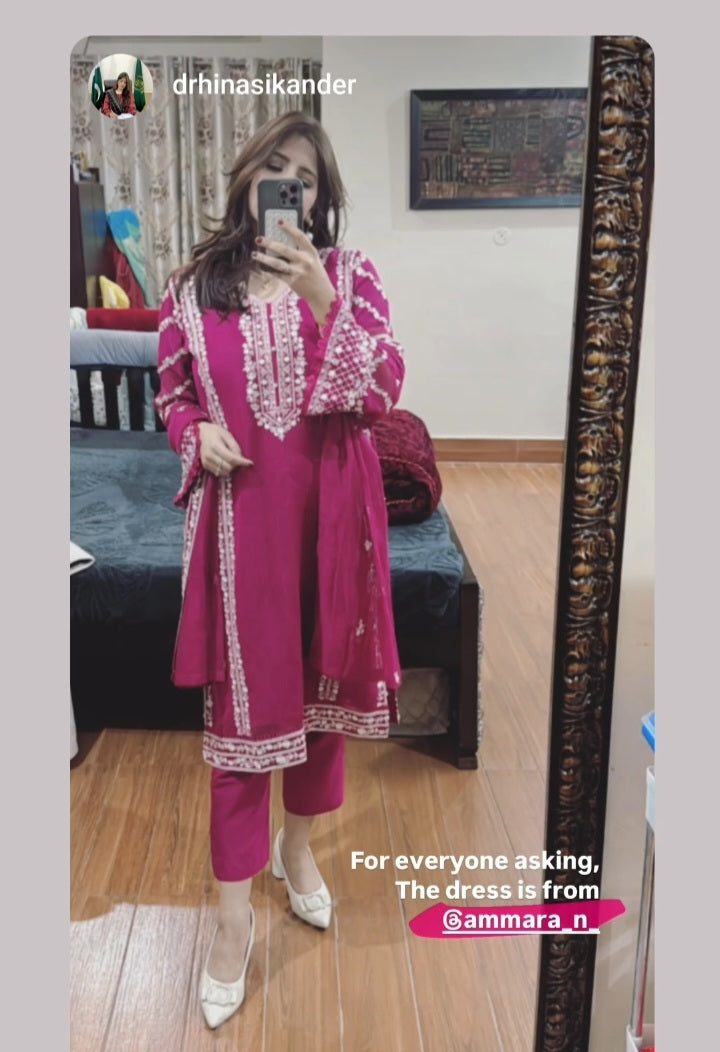 Elegant Embroidered Pure Cotton Net 3pc Outfit with Khaddi Net Dupatta