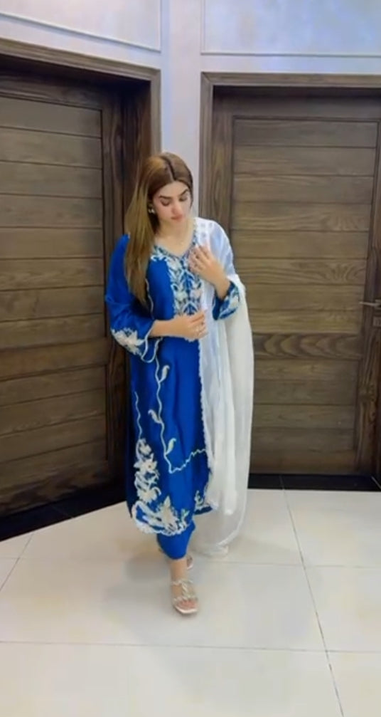 Premium 3pc Silk Outfit with Thread Cutwork Embroidery