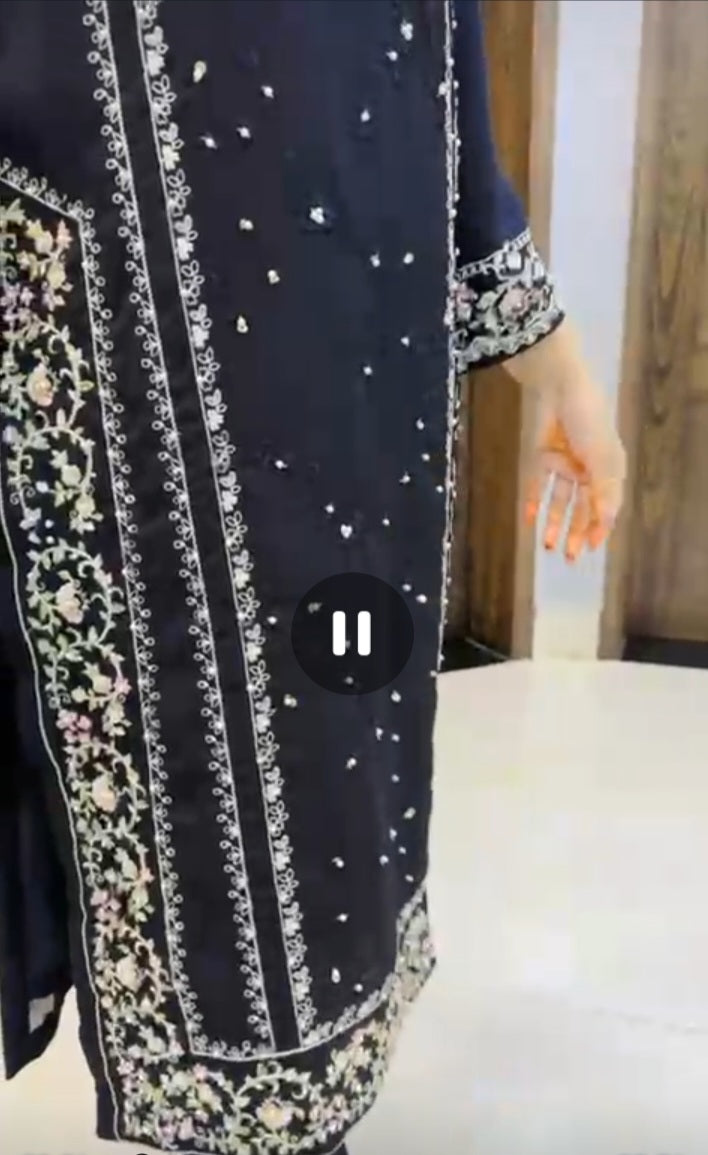 Premium 3pc Chiffon Outfit with Zardozi Handwork, Pearls & Embroidery