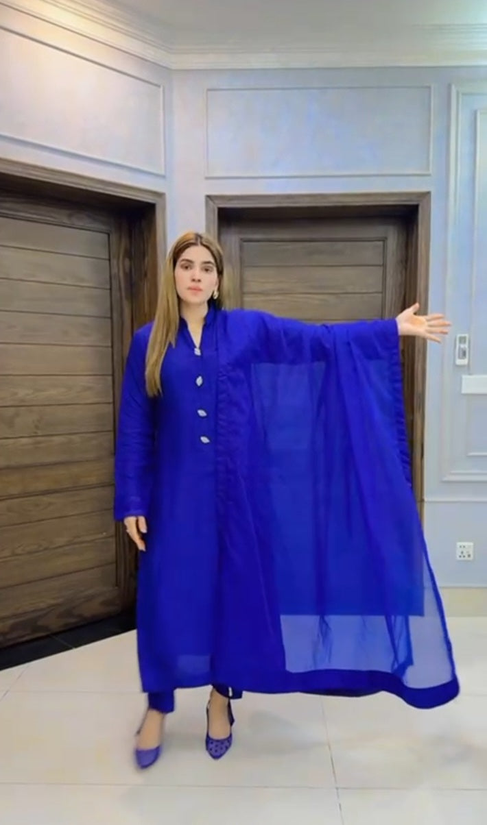 Elegant 3pc Korean Raw Silk Outfit with Organza Dupatta & Pearl Tassels