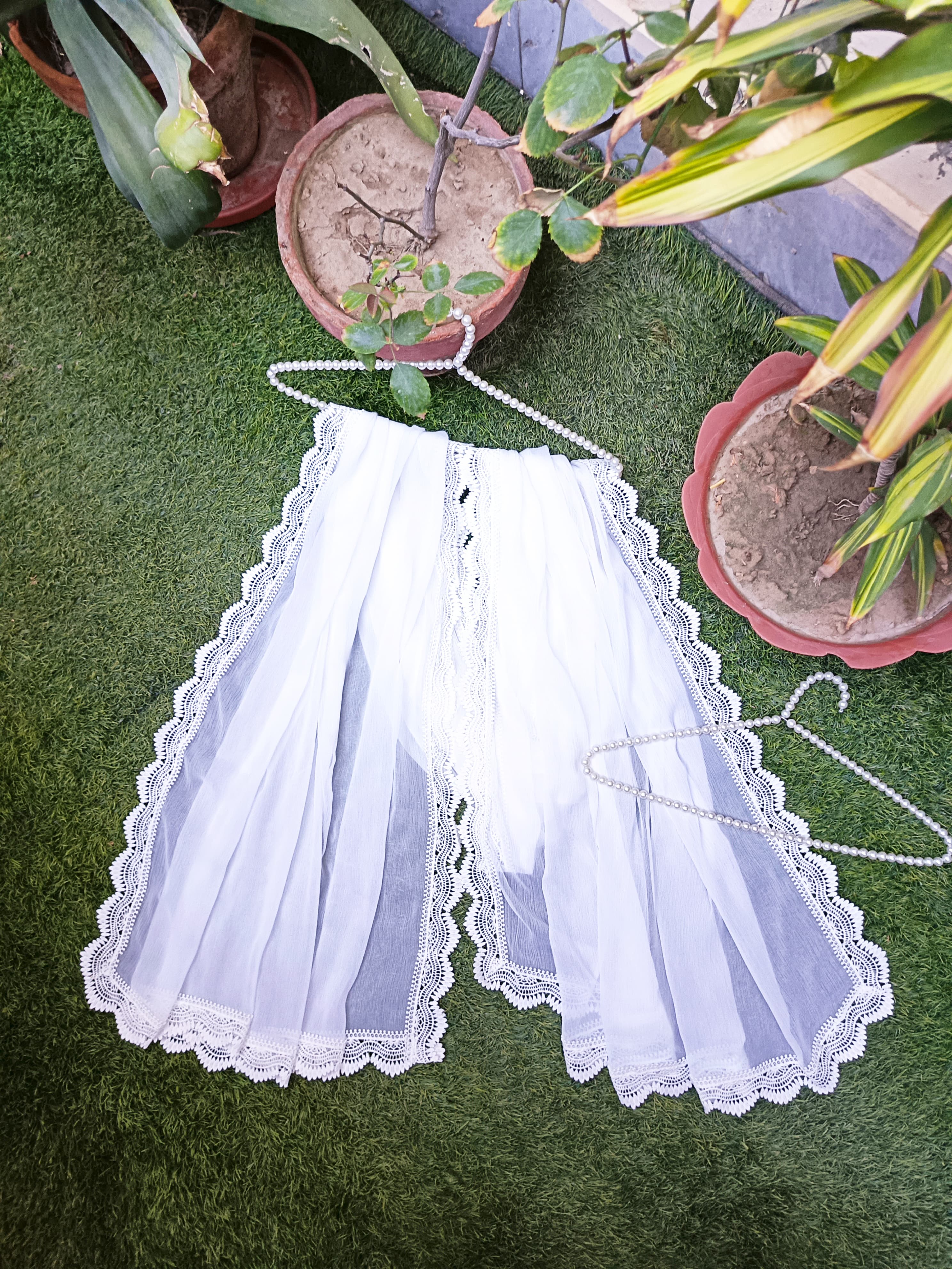Elegant White Embroidered Net Dupatta with Scalloped Lace – Bridal & Formal Wear