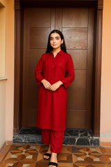 Crimson Grace Deep Red Imported Georgette 2-Piece with Lace Detailing