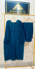 Luxury Deep Teal Blue Embroidered Raw silk 3-Piece Suit