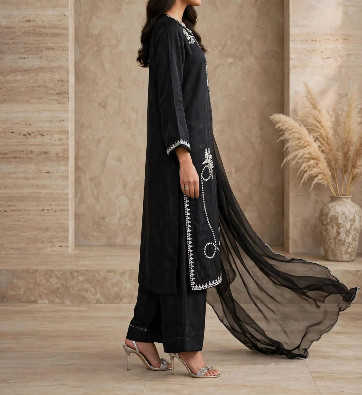 Midnight Noir – Black Sheesha Silk | Luxury Ready-to-Wear 3-Piece | Ammara N