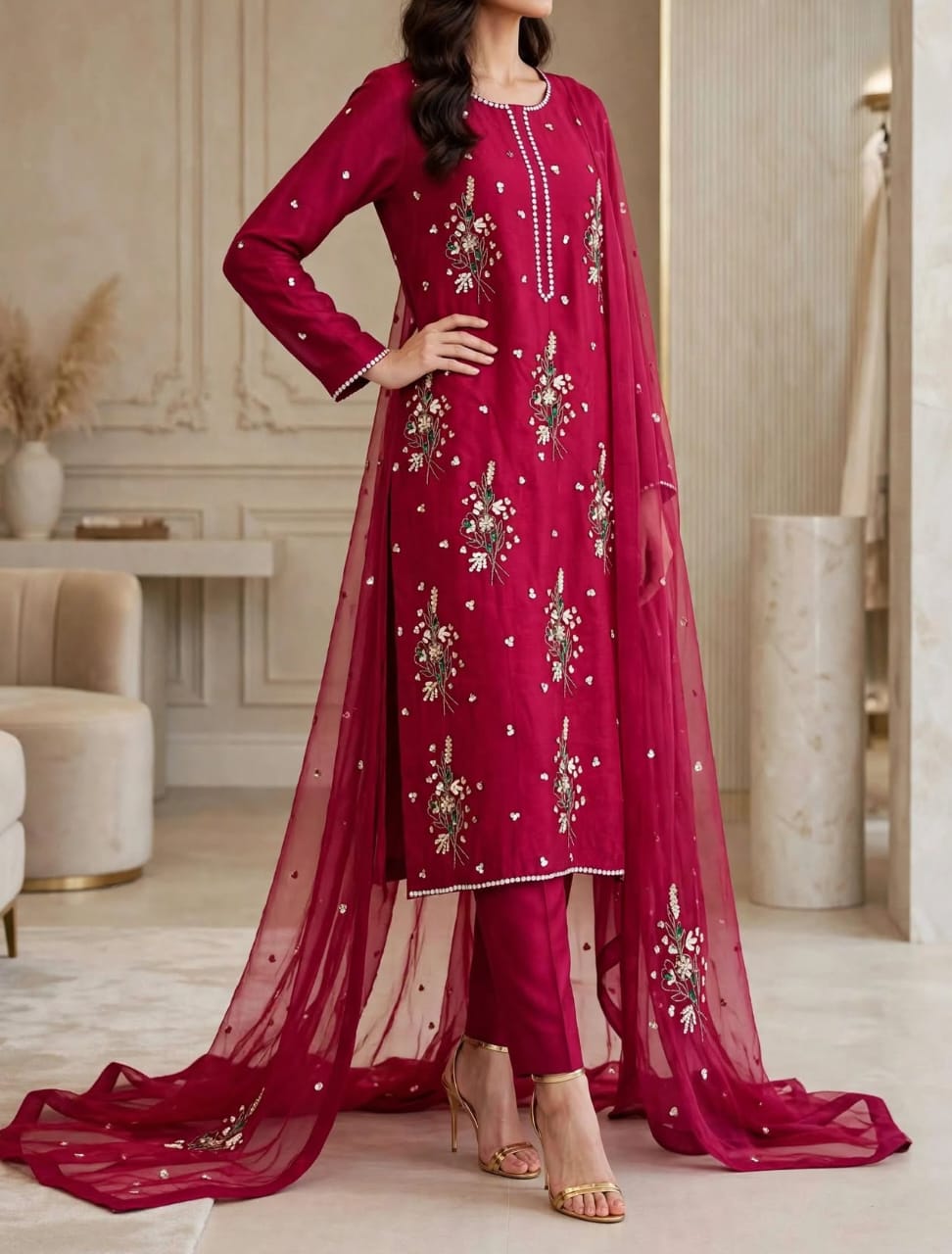 Maroon Royale – Korean Raw Silk 3-Piece | Luxury Ready-to-Wear | Ammara N