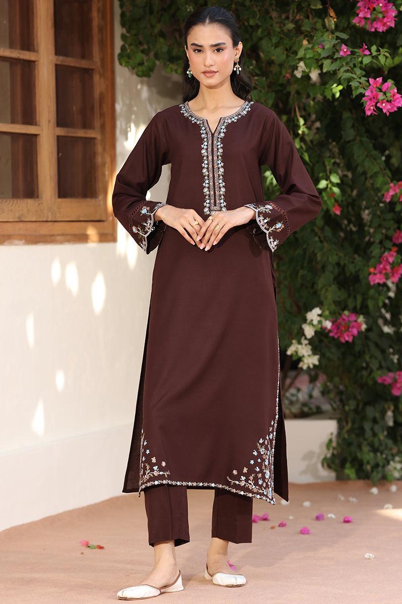 Mocha Lux – Embroidered Dhanak Shirt Trouser | Ammara N Winter Collection