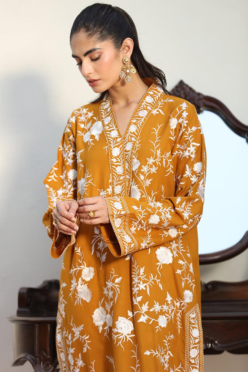 Mustard Yellow – Embroidered Dhanak Shirt Trouser | Ammara.N Winter Collection