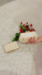 Gulnaar 012 Marble-Finish Gold Grid Clutch with Crystal Clasp